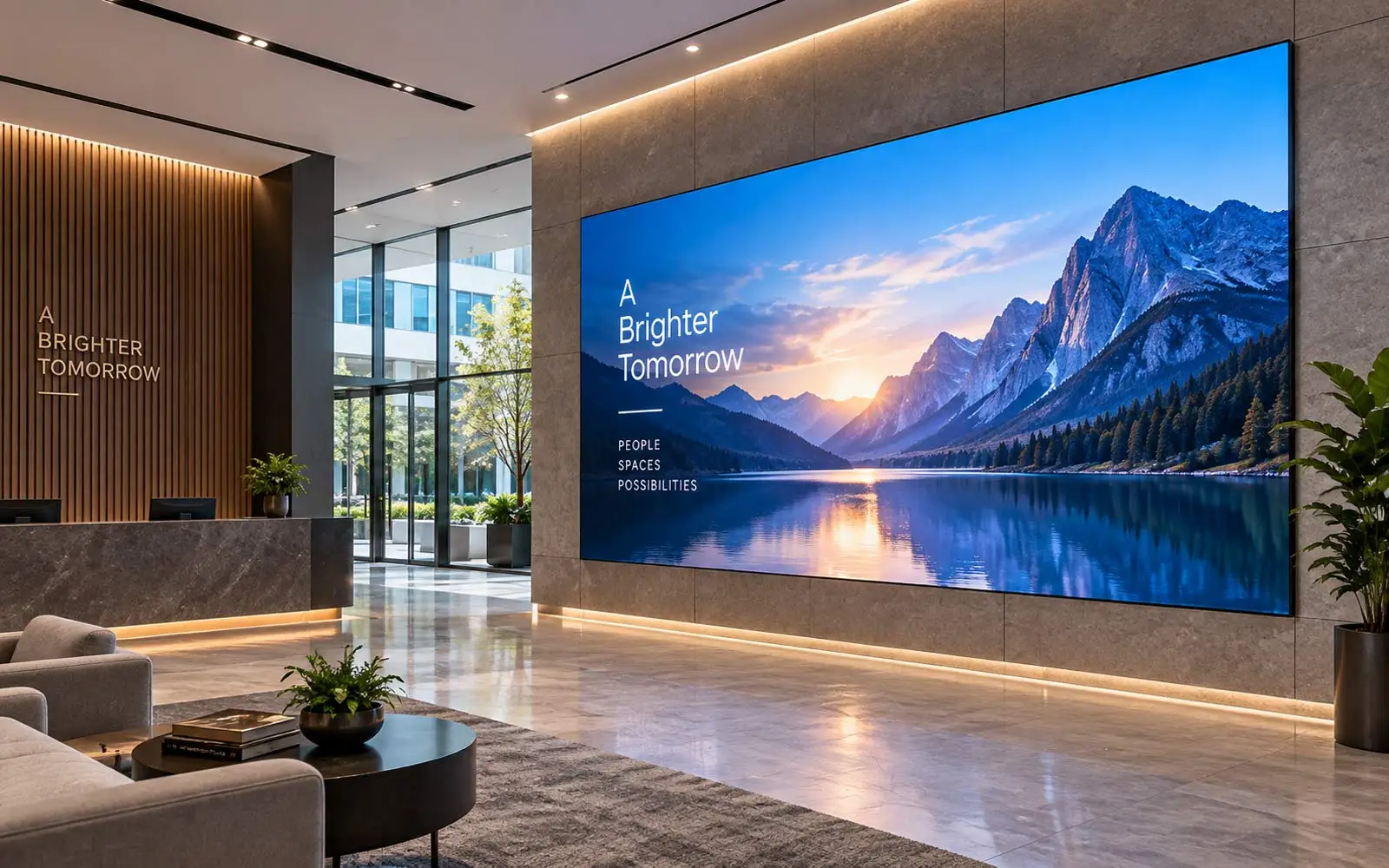an indoor LED video wall displaying a mountain lake