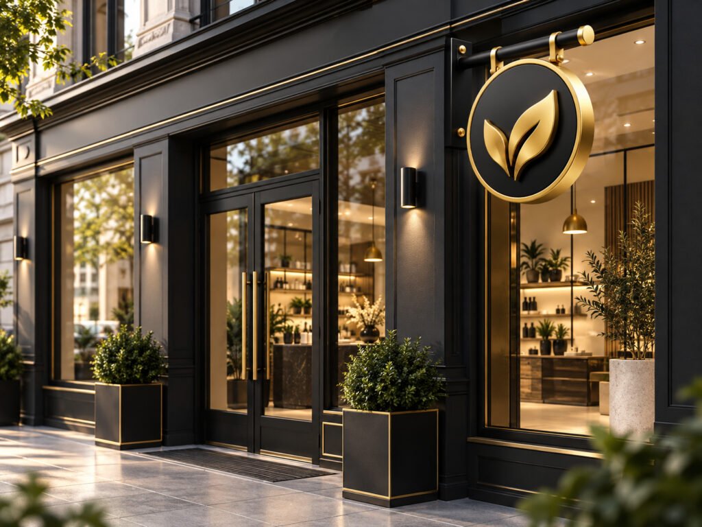 Storefront design concept with a black fascia, gold projecting sign and warm window lighting