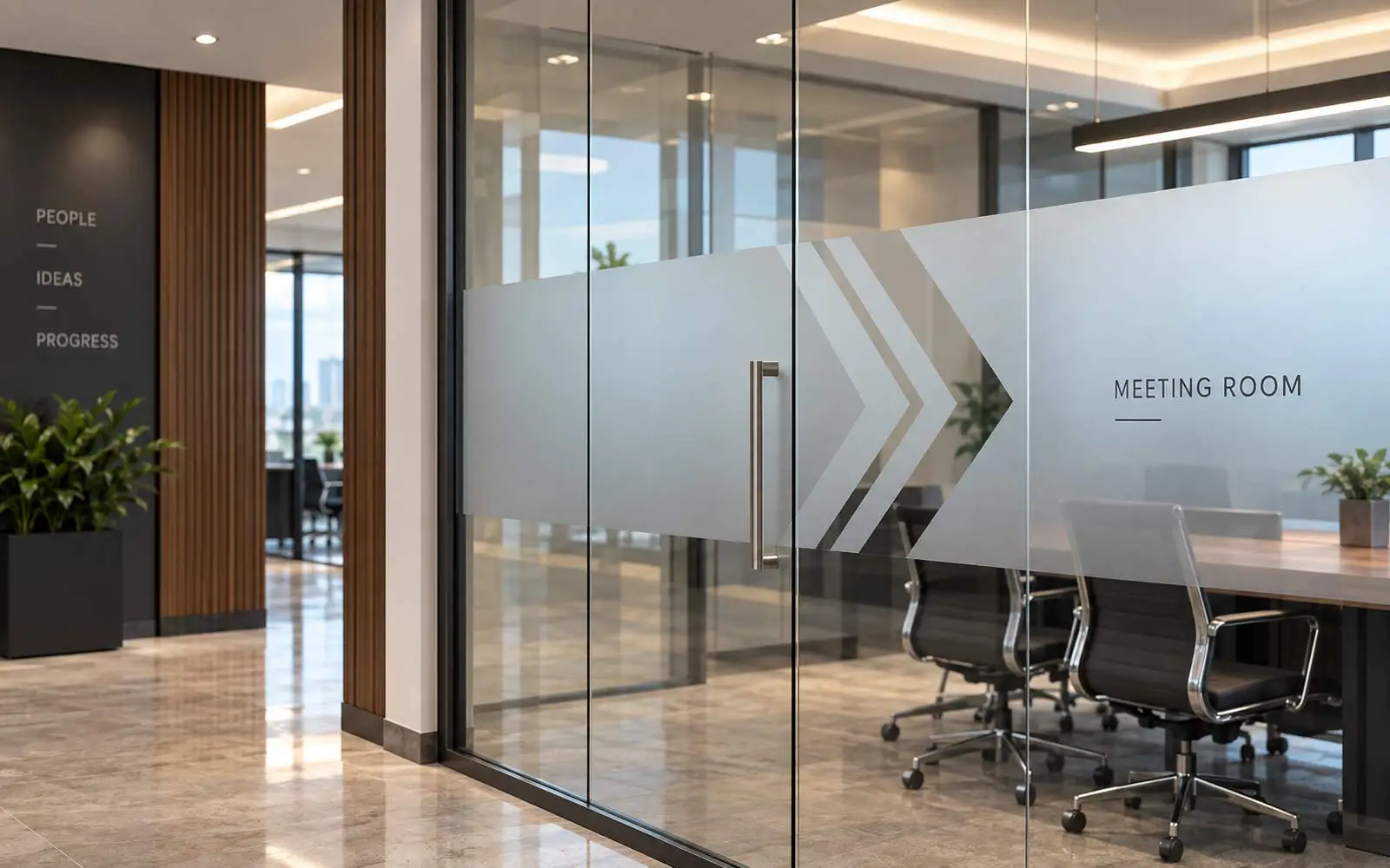 geometric vinyl graphics on meeting-room glass